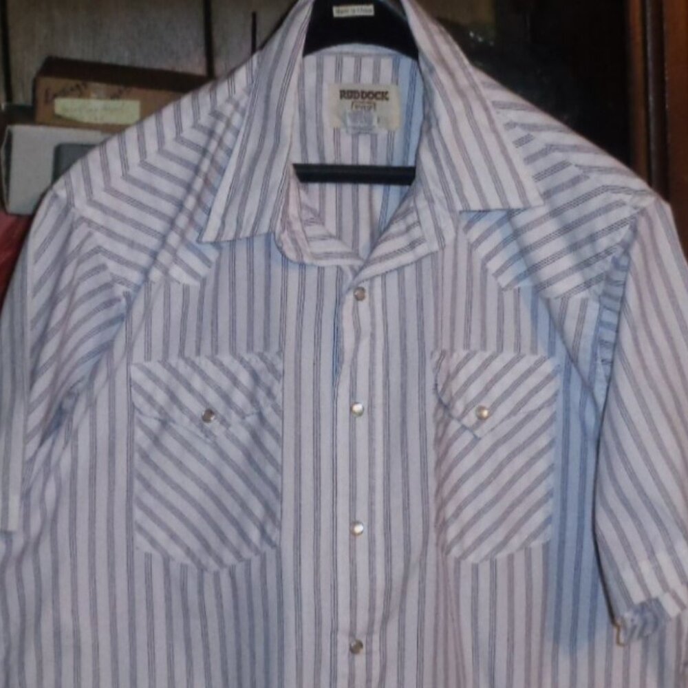 EXCELLENT MENS RUDDOCK WESTERN SHIRT-SZ 17,EXTRA LONG TAIL-FINE PINSTRIPES-MINT!